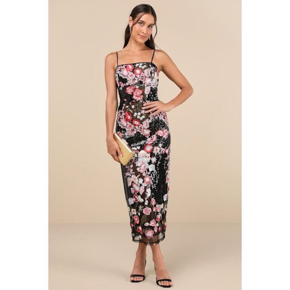Lulus Stunning Impact Black Sheer Embroidered Floral Sequin Midi Dress - Size XL